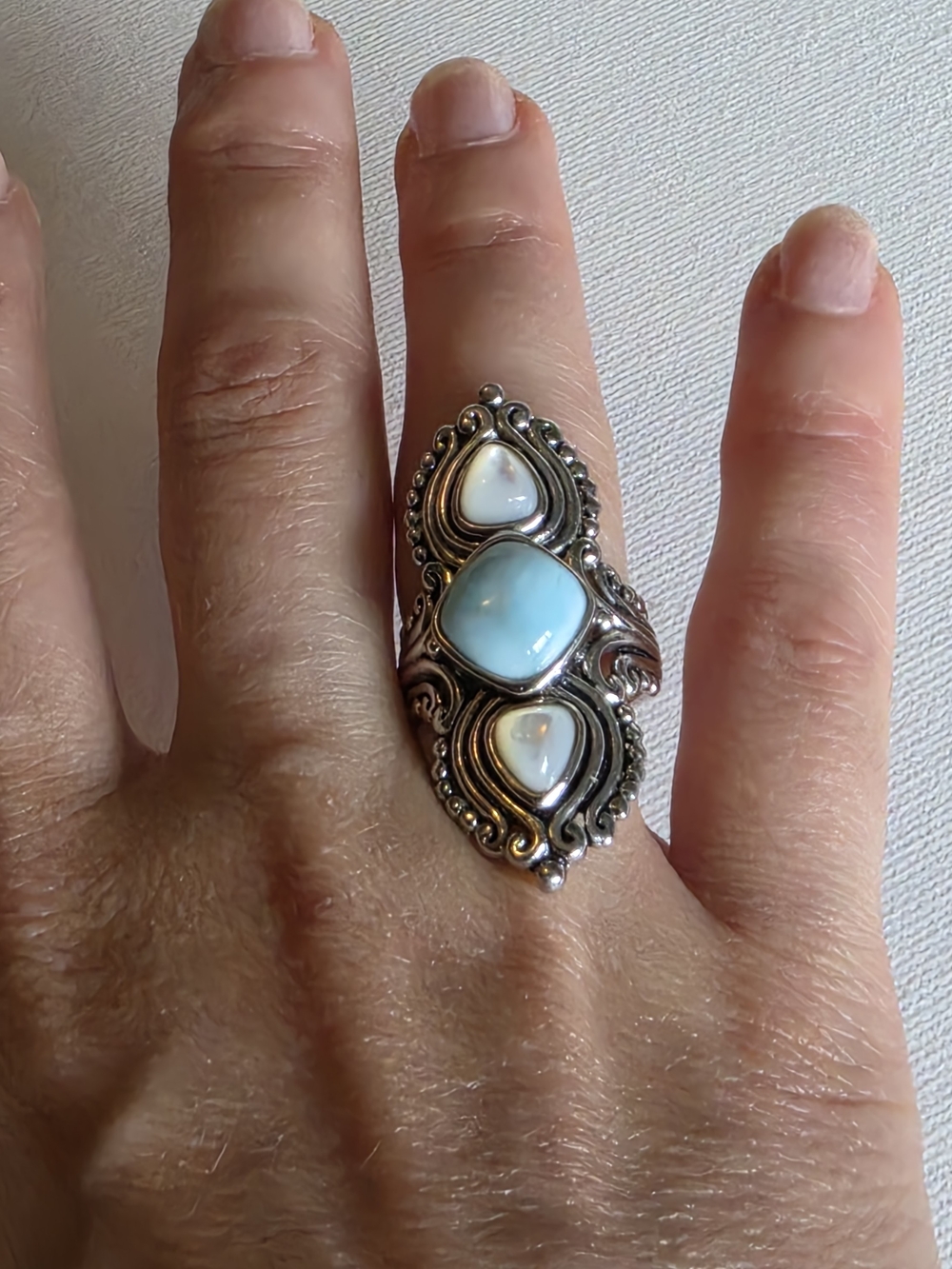 The Larimar and Moonstone 925 Sterling Silver Handmade Ring in size 6